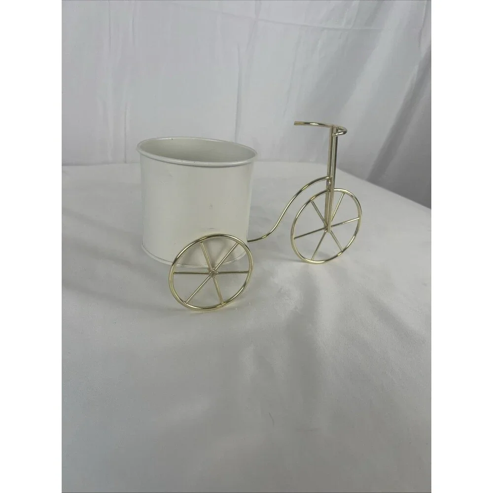 Gold Metal Bicycle Tabletop Planter with White Pot Decorative Bike Flower Holder